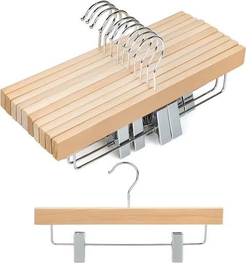 TOPIA HANGER 11.8'' Unfinished/Natural Wooden Pants Skirt Hangers for Kids Baby Toddler Children, Extra Thick Chrome Hooks & Anti-Wrinkle Premium Flat Clips 10 Pack CT09PN