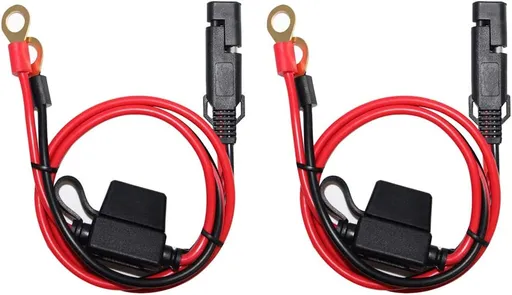 [2 PACK] 2FT Motorcycle Battery Charger Cord, Sae to O Ring Terminal Quick Disconnect Assembly Extension Cable, Sae 2Pin Wire Harness Reverse Polarity Adapter Port Accessory, 10A Fuse