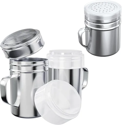 [2-pcs] 14 oz Powdered Sugar Shakers + [1-pc] 10 oz Stainless Steel Salt Pepper Dredge Shaker - All with Plastic Caps and Handles Bundle