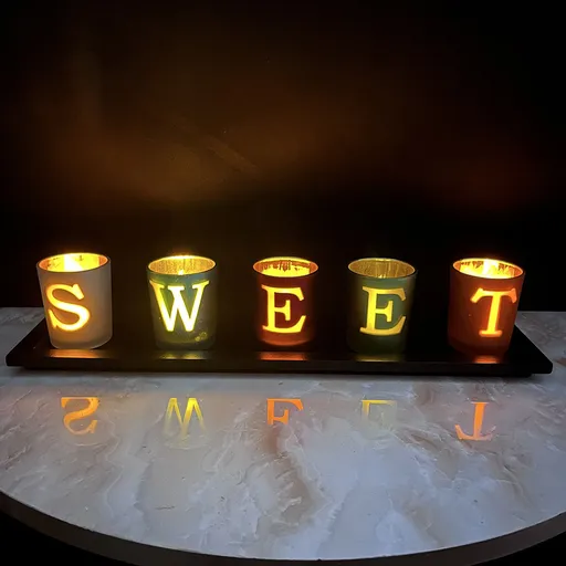 5-Piece SWEET Letter Tealight Candle Holder Set with Black Display Tray, Multicolor