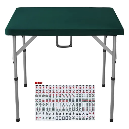 Mahjong Table with Mahjong Tiles Set, Fold-in-Half 4 Player Card Table with 144PCS Majiang Tiles and 3 Dice, Portable Bi-Folding Domino Table with Wear-Resistant Green Tabletop & Carrying Handle
