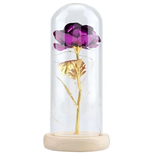 Preserved Rose Flower LED Light with Glass Cover Wooden Base Valentines'Day Wedding Purple