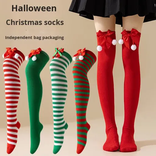 Christmas Socks Women - Overknee Socks - Christmas Knee Socks - Striped Socks - Elf Costume - Santa Claus - Stockings with Bow - Thigh High Stockings - Fancy Dress - Christmas Outfit - Holidays - Long Socks - Christmas Accessories - Multicolor - 5 Pa