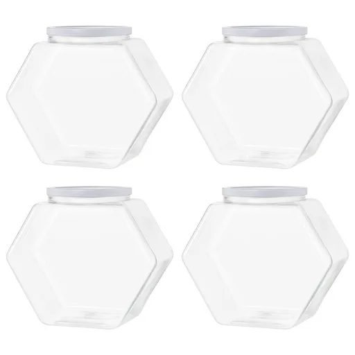 4 Pcs of Transparent Hexagonal Plastic Candy Storage Containers with Lids, 29.6 fl oz / 850 ml Large Capacity PET Storage Jars, Ideal for Candy Buffets and Kitchen Counter Decorative