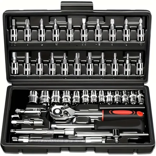 Basic automotive repair manual tool set, including a set of mechanical tools, including ratchet handle, extension pole, universal joint, slider, SAE and metric sockets, hex wrench, and plastic toolbox, excluding batteries. Uncharged manual tool set