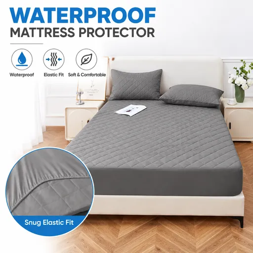 Grey Waterproof Quilted Mattress Protector (Queen 152 x 203 + 46 CM) - 4 Layer Breathable & Soft Mattress Cover with 360 Degree Elastic Fitted Skirt and Deep Fitted Skirt