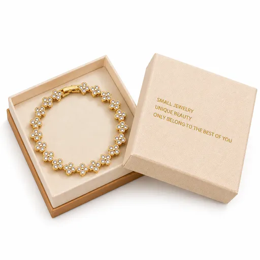Gold and White Four-Leaf Clover Zircon Bracelet - Gold-Tone Alloy Lucky Charm Wristband with Full Crystal Pave, 22cm Elegant Fashion Jewellery for Women
