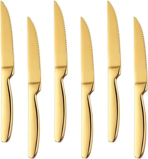 6 Pack Gold Serrated Steak Knives, 8.6 Inch Heavy Duty Stainless Steel Table Knives for Beef Meat Cutting, Dishwasher Safe Dinner Knives Set