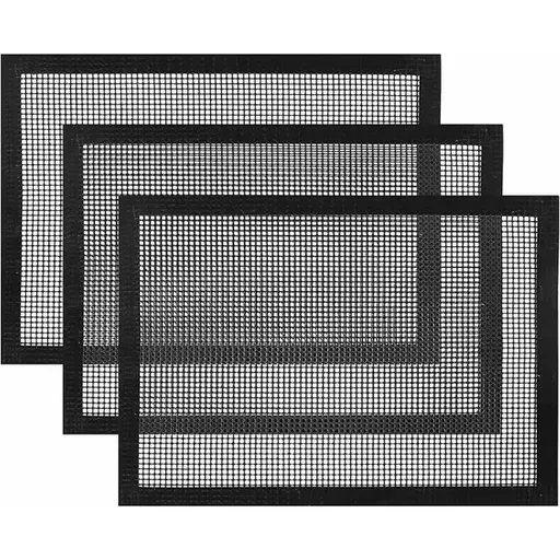3 Pack Reusable Fibreglass Grill Mats with Non-Stick PTFE Coating for Gas, Charcoal Grills and Pellet Smokers, Black, 40 x 33 cm