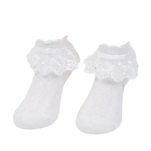 Lace Ruffle Frilly Short Socks for Girls Ankle Length S Size Fits 1-3 Years - White