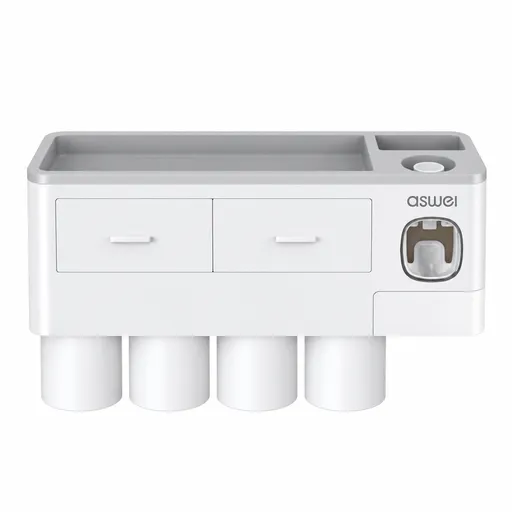 Gray Wall-Mounted Bathroom Organizer with 4 Magnetic Cups - Automatic Toothpaste Dispenser, No-Drill Wall Shelf for Families