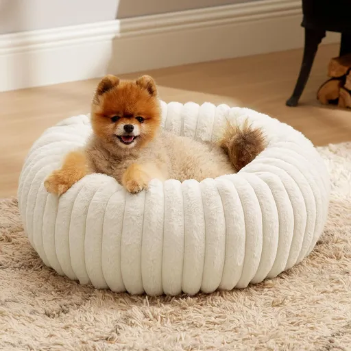 Calming Donut Pet Bed - Faux Rabbit Fur Soft Warm Round Cat Dog Bed - Plush Cozy Cuddler for Small Dogs Cats - Off White S 60cm