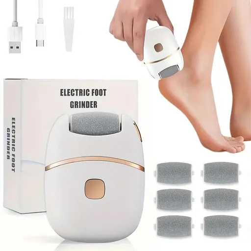 Rechargeable electric foot exfoliator with 6 replaceable heads for removing dead skin and polishing. Powered by USB. Smooth dual-color design (white and gold). Ergonomic handle for a comfortable user experience.