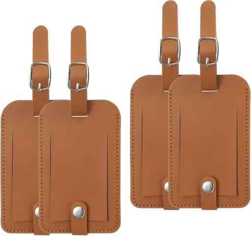 4 Pack Luggage Bag Tags, PU Leather Suitcase Name Tags with Snap Travel Label Identifier Privacy Protection Accessories, Brown -