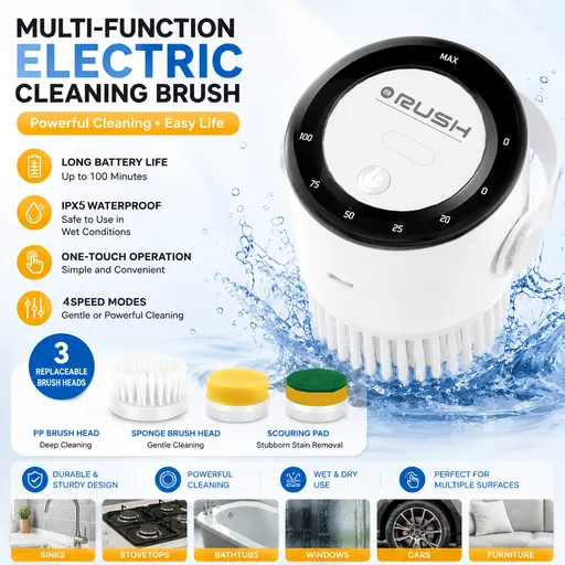 4-piece White Electric Spin Scrubber Cordless Cleaning Brush（Includes three types of brush heads） for Kitchen Bathroom Tiles and Household Surfaces