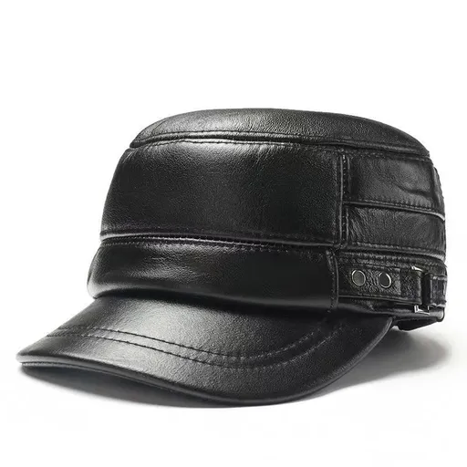 Nine Cloud Dreams Cowhide Beret Flat Top Winter Black snap-fit flat cap