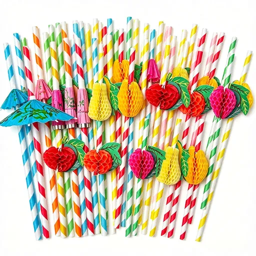 Hawaiian Party Straws Combo - 50pcs Umbrella Paper Straws + 50pcs Fruit Honeycomb Mixed Paper Straws, Total 100pcs - Tropical Luau Decoration Drinking Straws for Cocktail, Juice, Birthday, Wedding