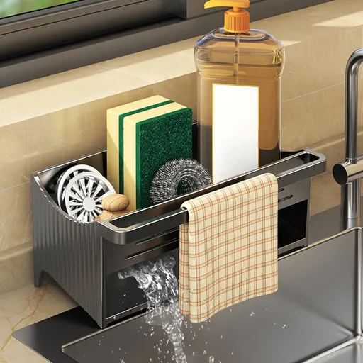 Kitchen Sink Sponge Holder, Sponge Holder Kitchen Sink Caddy Organizer with Dish Brush Holder, Rustproof Stainless Steel Sink Sponge Holder with Auto-Draining Tray F