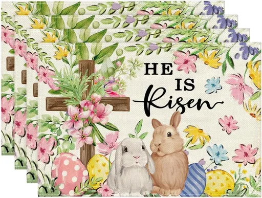 Bunny Rabbits Flower Colorful Eggs Easter Placemats Set of 4, 12x18 Inch Seasonal Spring Table Mats for Party Kitchen Dining Decoration