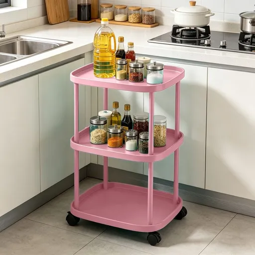 3-Tier Rolling Storage Cart with Wheels & Brakes, Multifunctional Utility Organizer Cart, Mobile Shelving Unit for Kitchen, Bathroom, Laundry, Bedroom & Office, Pink