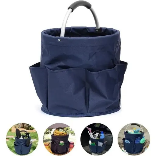 Foldable Handheld Storage Bucket with 6 Pockets, Oxford Garden Tool & Picnic Organizer Tote - Blue