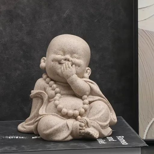 Zen Monk Resin Figurine, 3 poses hear-see-speak no evil, sandstone texture, serene smiling Buddha, perfect for tea pet, desk, car, indoor & garden decor, uplifting & healing./Don't talk about the young monk