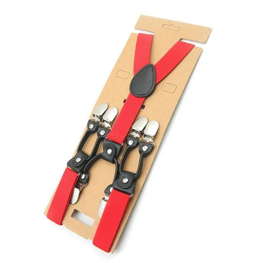 Unisex Y Shaped Suspenders 6 Clips 2.5cm Polyester Red
