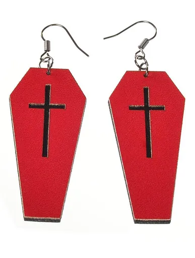 Red Leather Coffins with Black Cross Halloween Earrings