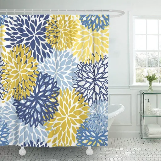 Shower Curtain Flower Blue Yellow and Navy Chrysanthemum Brown Waterproof Polyester Fabric Bathroom 72 x 72 Inches Set with Hooks