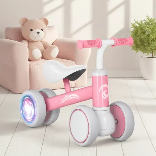 Pink Baby Balance Bike with LED Lights, 55x23x39cm, Suitable for Toddlers Aged 12-36 Months