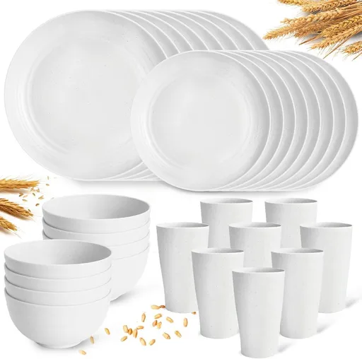 Camping Plates Cups and Bowls Set Green Reusable Microwave Safe Lightweight Unbreakable Plastic Dishes Set for Elderly Kitchen Adults Outdoor,32 Pcs Holiday Dinnerware Sets for 8 - White - Size 32Pcs