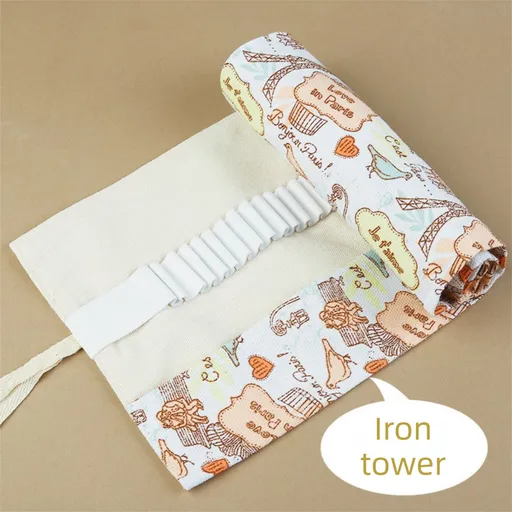 108-Slot Print Canvas Pencil Roll (Eiffel Tower)- Large Capacity Roll-Up Pencil Case with Individual Holders and Tie Closure for Coloured Pencils, Drawing and Sketching
