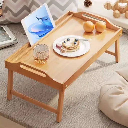 Foldable Breakfast Tray | Wooden Bedside Table with Folding Legs & Handle | 40x30x20cm Beige Snack Table for Dining, Sofa, Movies & Work | Sturdy & Stable Design | Easy Storage