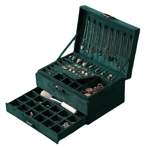 3-Layer Velvet Jewellery Box with Lock, Large Storage Organiser with Drawers and Compartments for Rings and Watches, Green