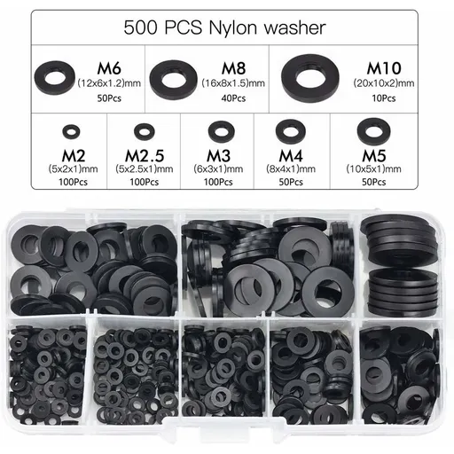 500 pcs Black Plastic Washers Lock Washers Fasteners, Self-Locking Washer Assortment Mechanical Washer M2.5 M3 M4 M5 M6