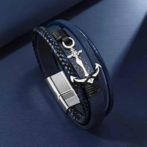 2PCS Classic Unisex Vintage Anchor Bracelet – Faux Leather with Magnetic Clasp Design, Perfect for Festival and Party Style, Suitable for Teens.---BLUE