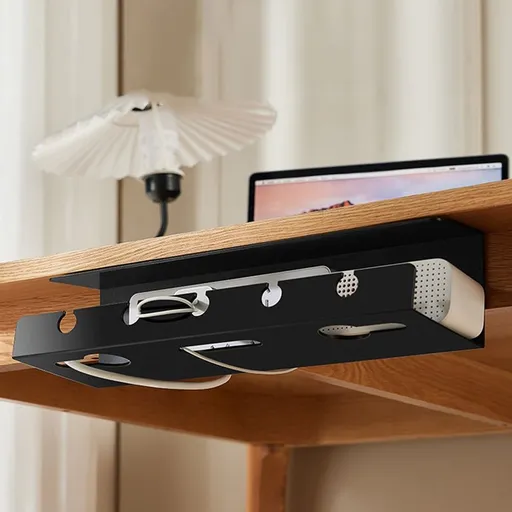 Under Desk Cable Management Tray - Cord Organizer for Power Strip & Cables - Desktop Wire Management Rack with Adhesive or Screw Mount - Cable Slot Holder for Home Office Computer Desk Setup