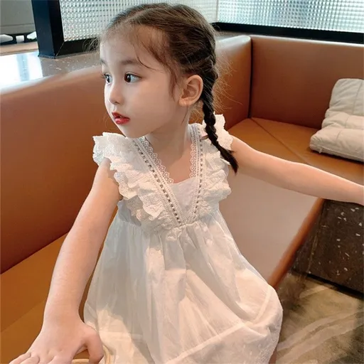 Girls Cotton Suspender Dress Princess Summer White Lace White lace skirt 120cm
