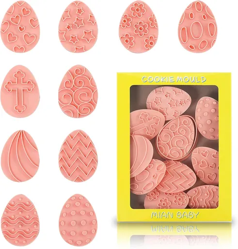 Cookie Cutters Set 10 Pieces Easter Egg Design 3D Plastic Embossing Mold for Baking Kitchen Tools