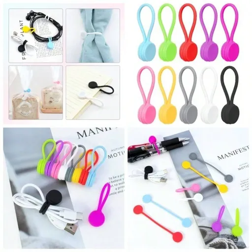 10 PCS Reusable Magnetic Ties Silicone Straps Wire Organizer Earphone Phone Audio 10 Colors Silicone Clips Office School Home Cable Management