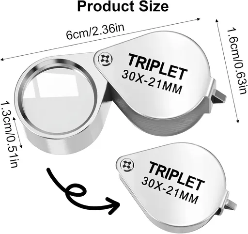Xindojuz 2 PCS Jewelers Loop Magnifier, Pocket Foldable 30X 21mm Jewelry Eye Small Magnifying Glass Jewelers loupe Magnifier Set for Gems Diamonds Plants Coins Stamps Antiques and More (Silver)