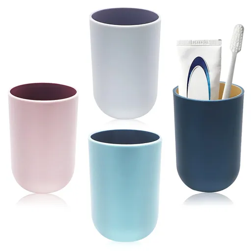 4PCS Bathroom Tumbler Toothbrush Cup Unbreakable Reusable Drinking Cup Toothbrush (Light Gray, Dark Blue, Light Pink, Light Blue)