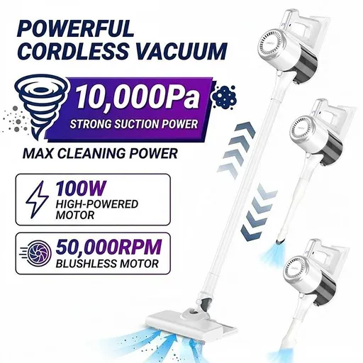 4-in-1 cordless vacuum cleaner, 50000RPM motor, 10000Pa suction, 180° rotating brush head, dual speed settings, lightweight and convenient./white