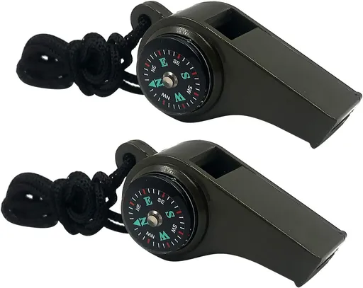 2 Pack 3-in-1 Emergency Whistles with Compass, Thermometer and Lanyards for Hiking, Camping and Outdoor Safety, Black