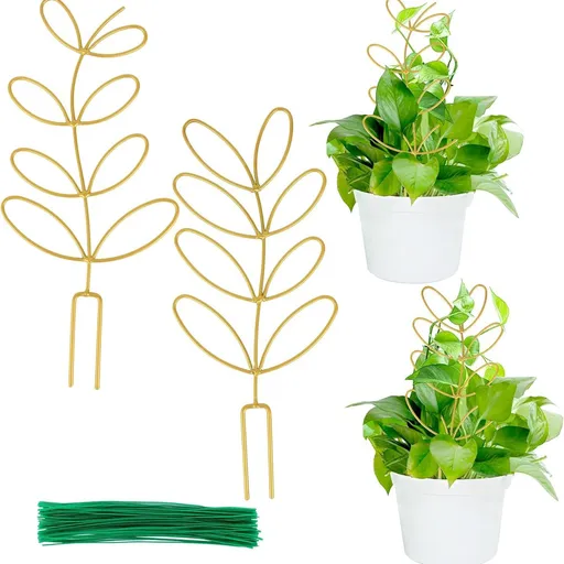 Leaf-Shaped Metal Plant Support Stakes with 20 Tie Straps, Decorative Climbing Trellis for Indoor Houseplants, Gold