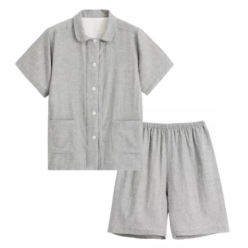 Japanese Cotton Pajama Suit Women Men Short Sleeve Men's gray polka dot-short sleeve shorts
