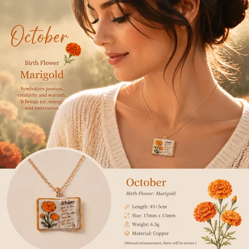 Vintage-style book necklace with October birthday flowers, a luxurious gold-plated bronze exquisite floral pendant gift