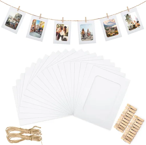20Pcs Paper Photo Frames, 4x6Inch White Picture Display Holders, Cardborad Picture Frames with String and Clips, DIY Graduation Photo Hanging Banner for Home, Classroom, Offices