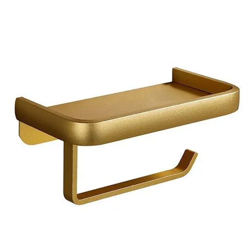 Wall Mounted Aluminum Toilet Paper Holder Non-perforated Tissue Cell Phone Shelf - Golden