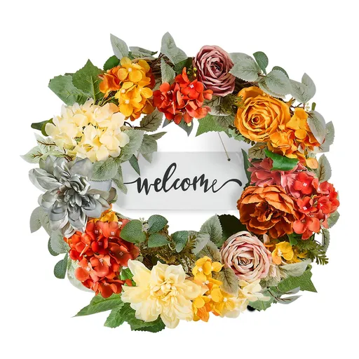 Artificial Decorative Wreath Lifelike Hydrangeas Roses 60.96 cm Red Orange Yellow